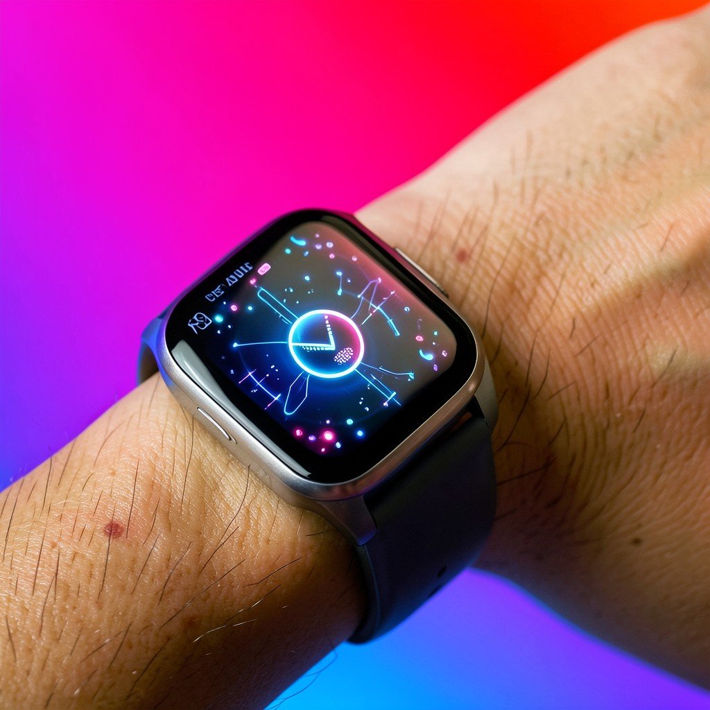Close up of a smart watch on a wrist with a glowing AI interface active on a vibrant gradient background no text 1:1