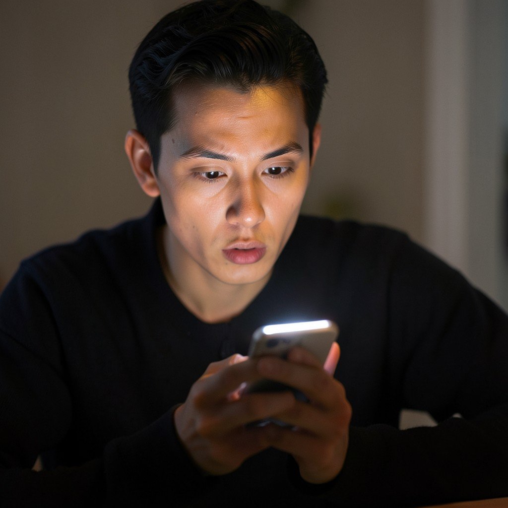 A person looking at a glowing smartphone screen with anticipation in a softly lit room no text 4:3