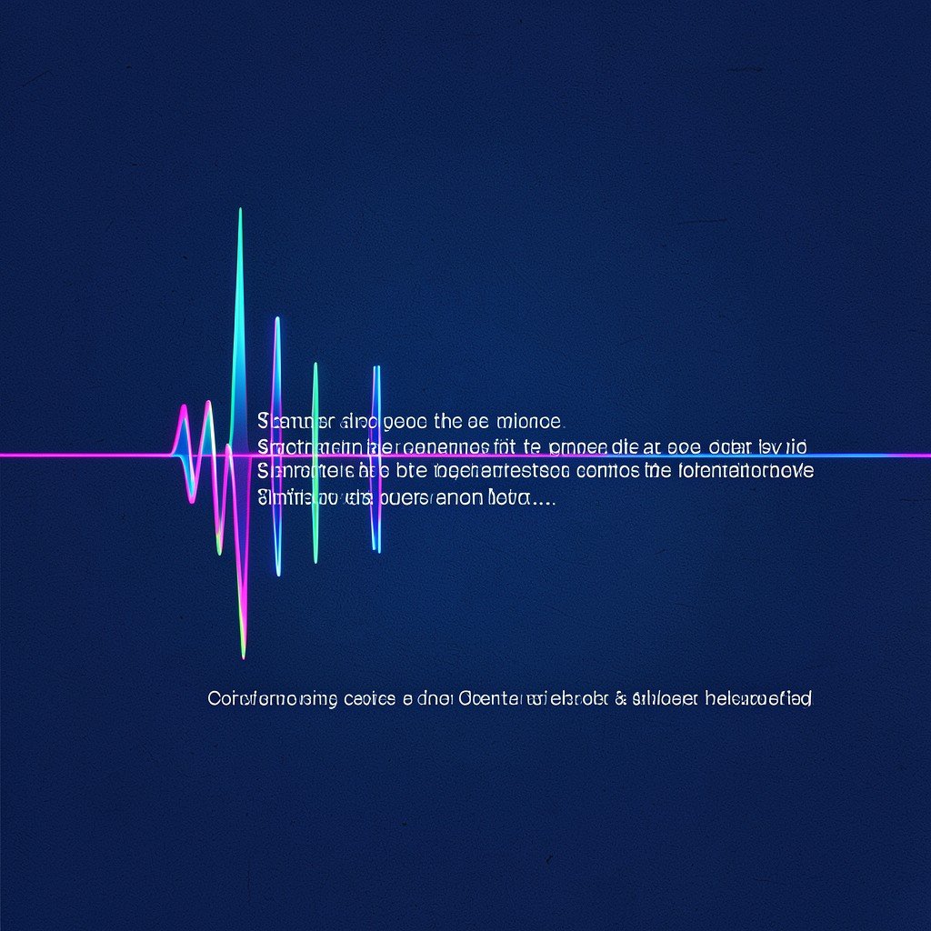 Illustration of audio waveform transforming into clean text lines on a textured dark blue background, modern flat design, vibrant accent colors, digital concept art, aspect ratio 4:3