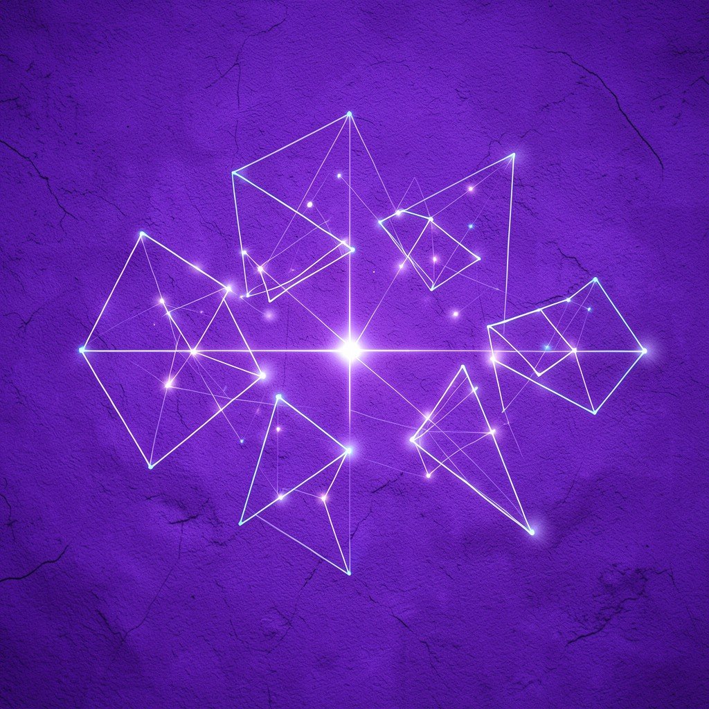 Modern visualization of data decoding process with glowing geometric shapes on a purple textured background no text 1:1