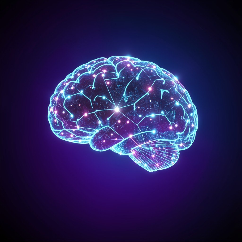 Futuristic glowing artificial intelligence brain on a deep gradient background no text 1:1