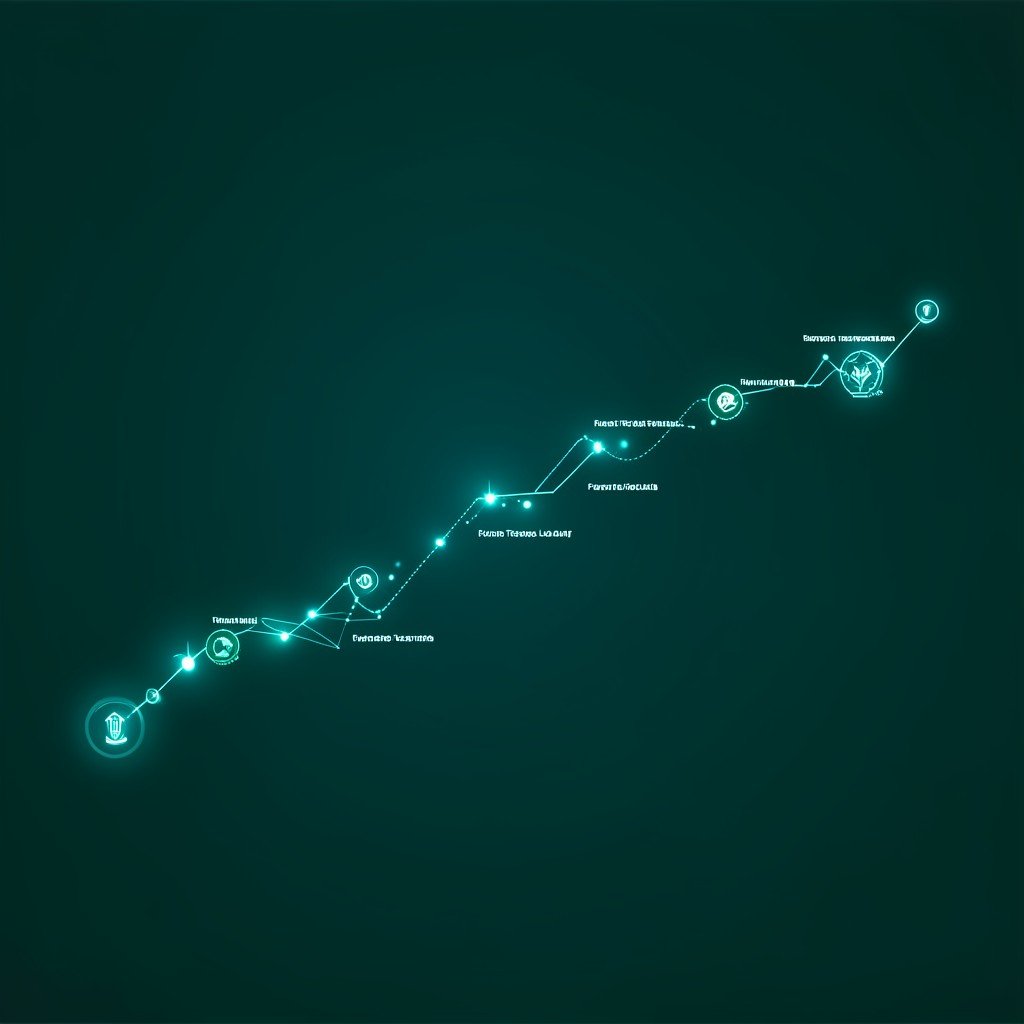 Abstract glowing timeline visualization on a dark teal background representing future technology launches no text 1:1