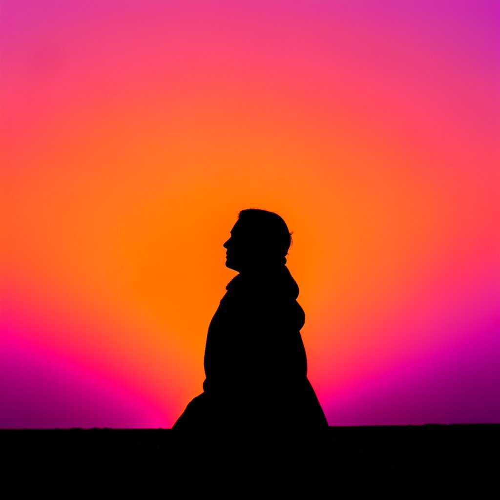 Silhouette of a person looking at a glowing horizon on a vibrant orange and purple gradient background no text 1:1