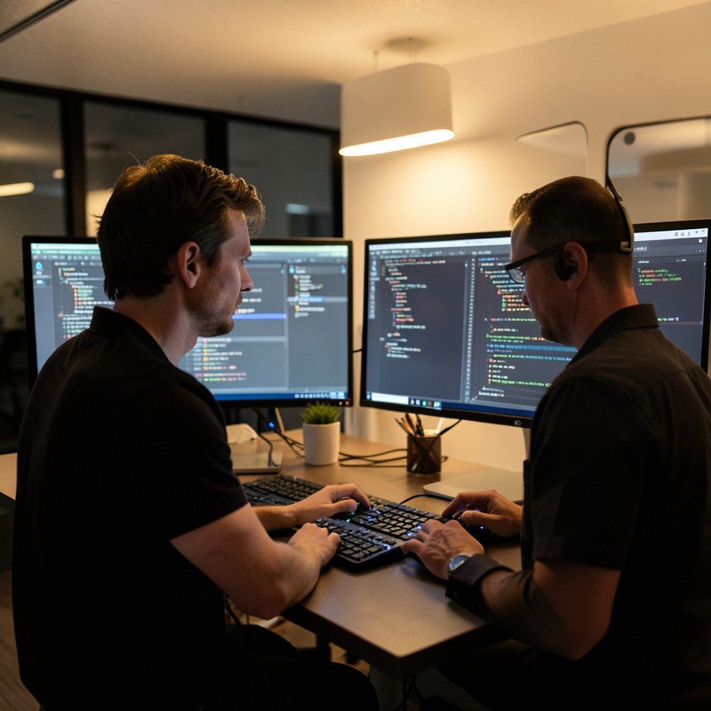 Developer working on code with AI assistant on dual monitors modern office setup warm lighting 1:1