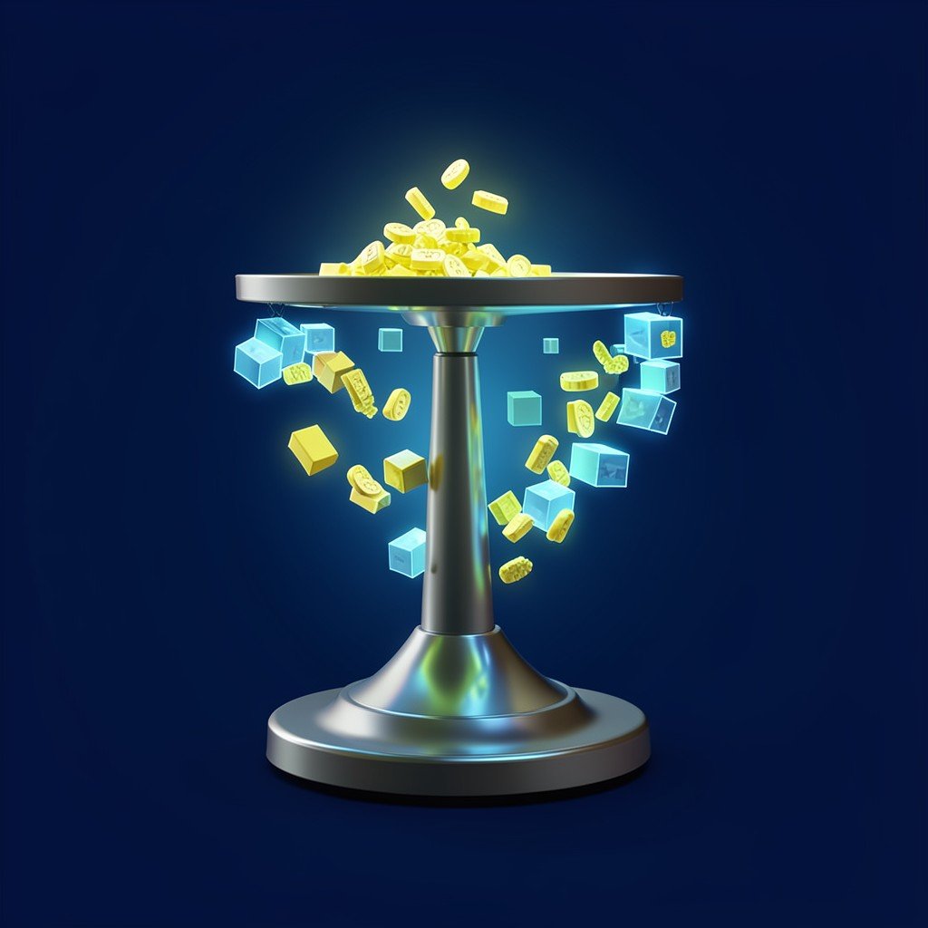 Abstract representation of tokens flowing into a digital balance scale glowing data blocks dark blue background 1:1