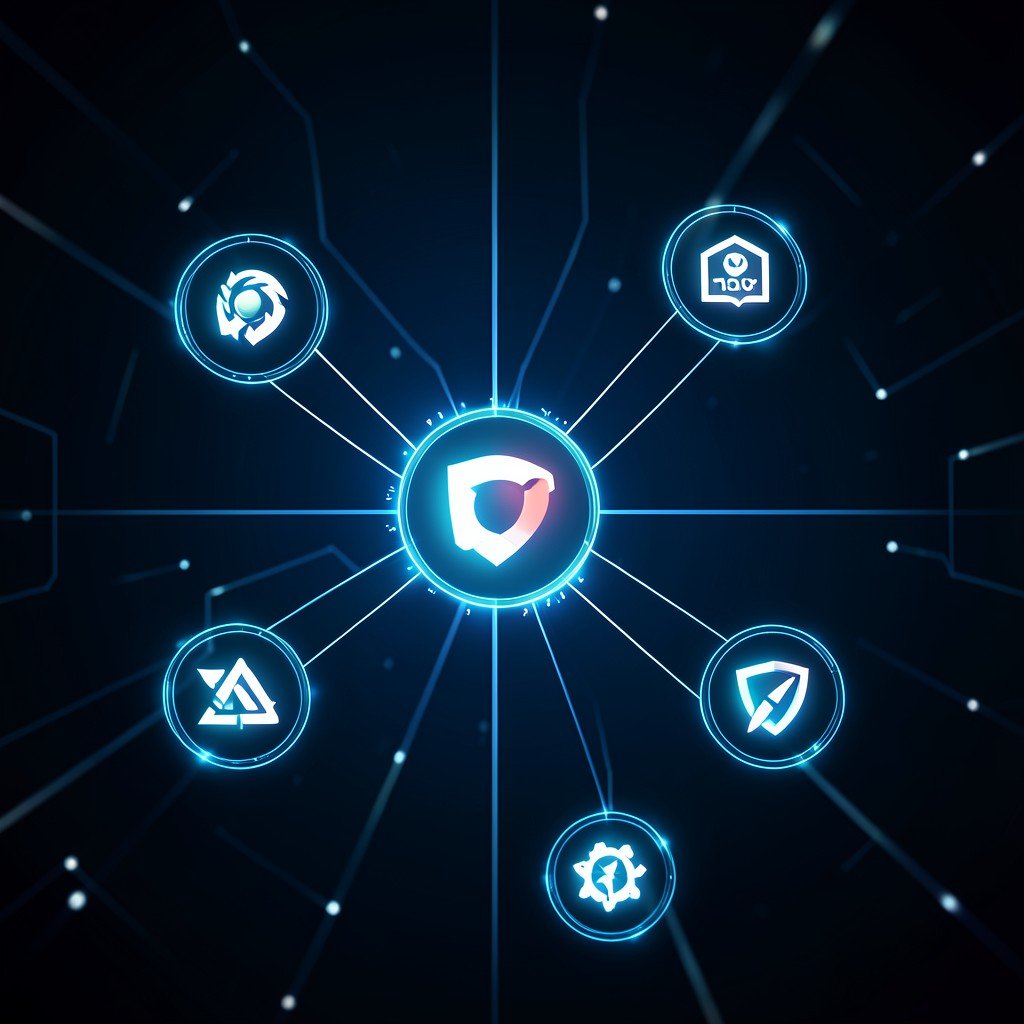Glowing digital network connecting multiple tech company logos abstract futuristic background clean interface high contrast 4:3