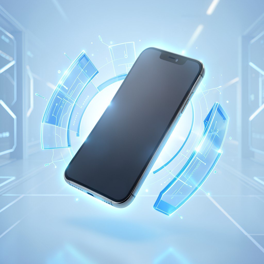 A sleek modern smartphone floating in mid air surrounded by glowing blue digital shield elements clean high tech background bright balanced lighting 1:1