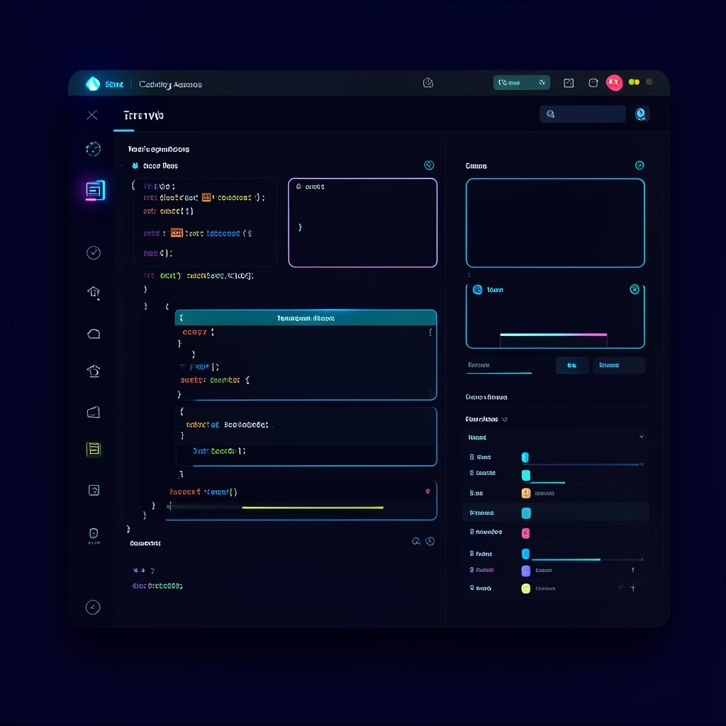 Modern futuristic UI concept of an AI coding assistant tool showing structured coding blocks and data trees. Dark mode interface with vibrant neon accents. Clean layout with deep navy background. NO KOREAN Text. 1:1