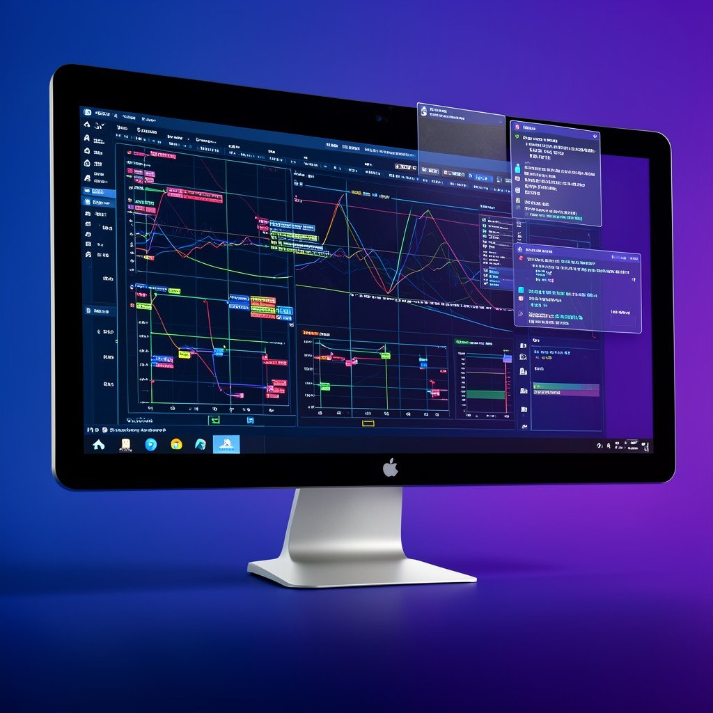 An advanced AI research environment setup. A sleek desktop monitor displaying complex scientific data analysis structures with multiple floating logical steps. Bright balanced lighting, deep blue and purple gradient background. NO KOREAN Text. 1:1