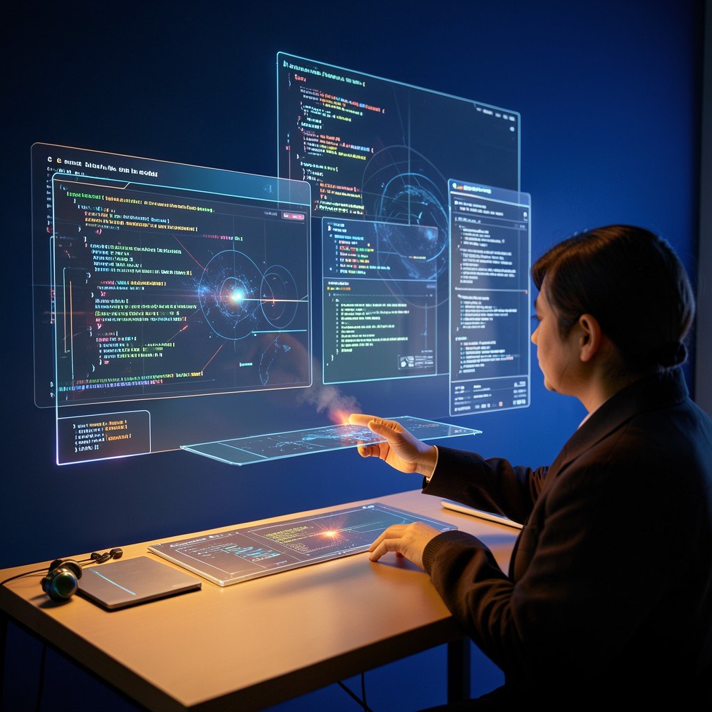 Futuristic digital workspace with holographic code windows floating above a desk. A person interacting naturally with the interface. Warm lighting and modern aesthetic, deep blue gradient background. NO KOREAN Text. 4:3