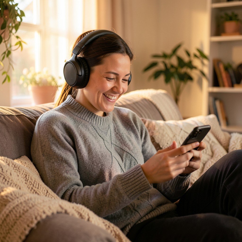 A person smiling while looking at a smartphone with headphones on a cozy living room sofa warm lighting natural setting 1:1