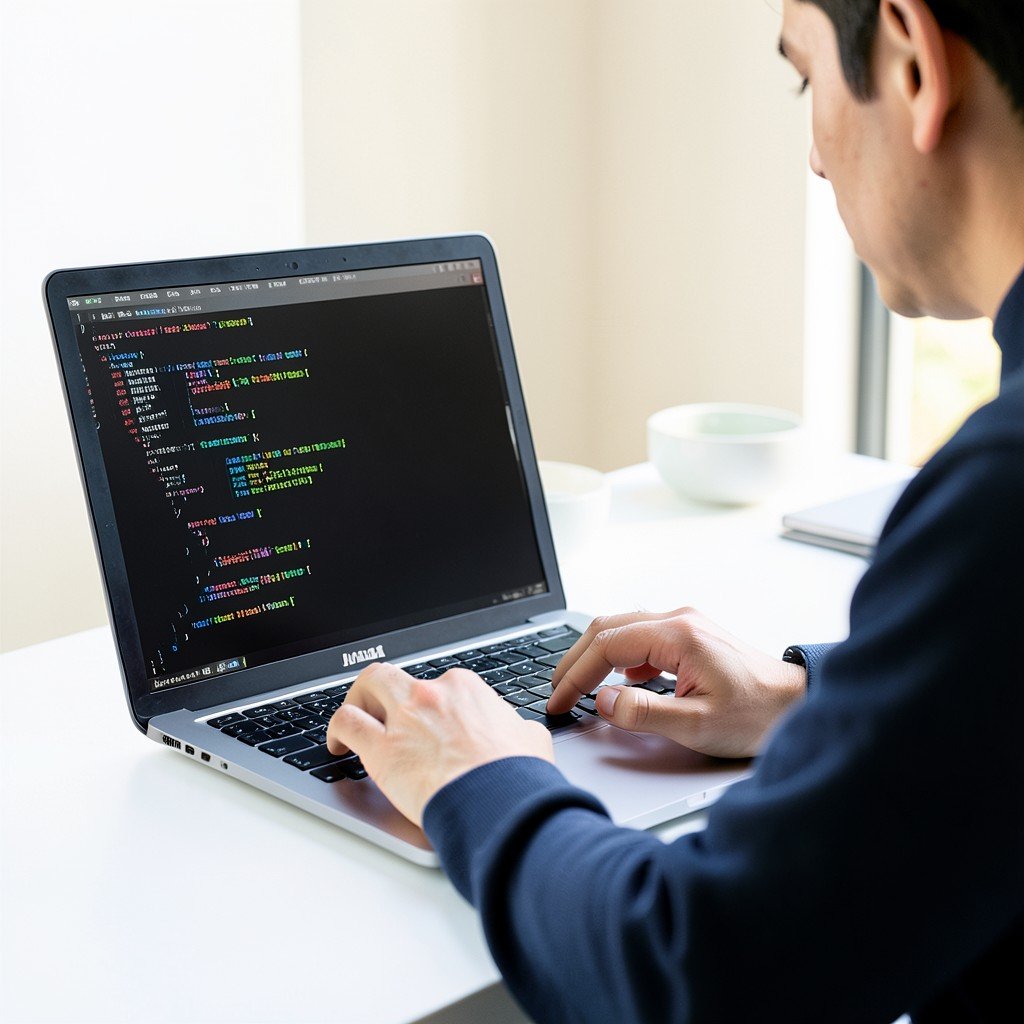 A programmer typing on a laptop screen showing code structure of memory files clean desk no korean text bright balanced lighting 1:1