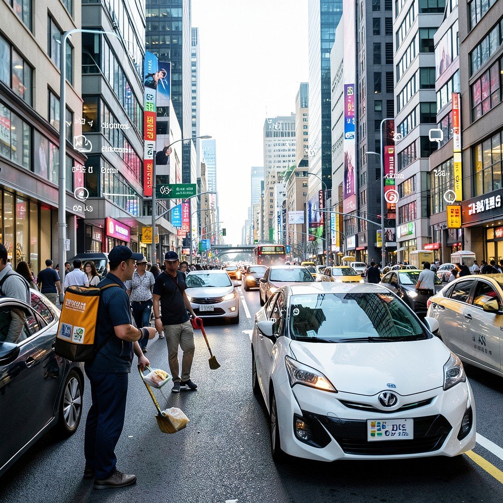 A busy city street view with food delivery courier and ride hailing car overlaid with smartphone app interface modern life no korean text 1:1