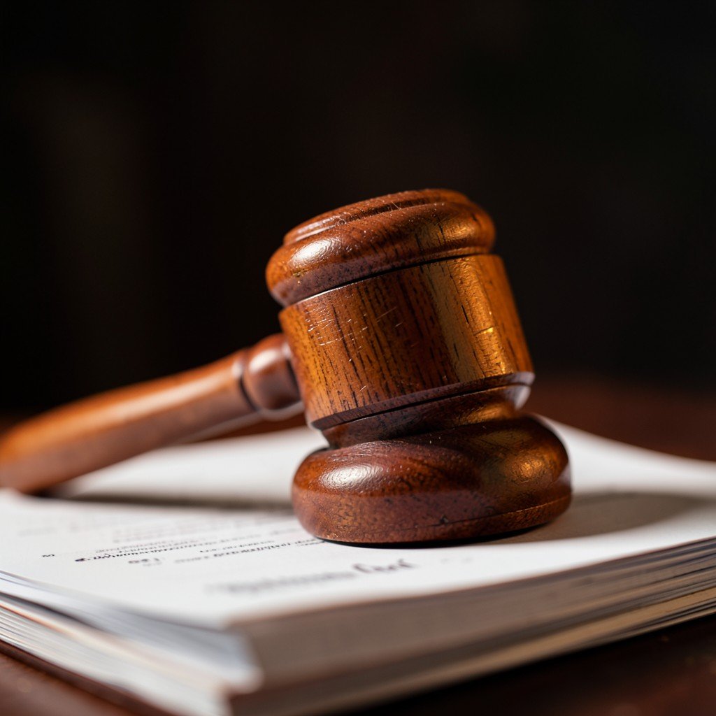 A close up shot of a wooden judges gavel resting on a stack of legal paperwork with a blurred dark background. Warm lighting, serious tone. 4:3