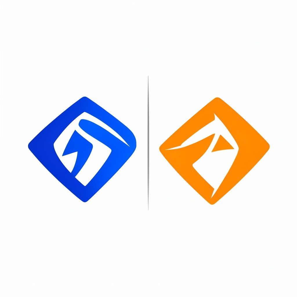 Two stylized abstract corporate logos facing each other with a subtle dividing line between them. Blue and orange color scheme, clean modern flat vector style. 4:3
