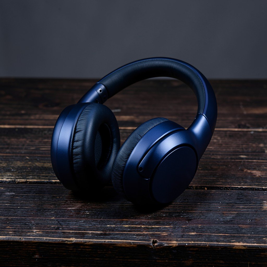 Premium over-ear headphones in midnight blue color resting on a dark textured wooden table, studio lighting, high end lifestyle product photography, NO KOREAN Text, 1:1