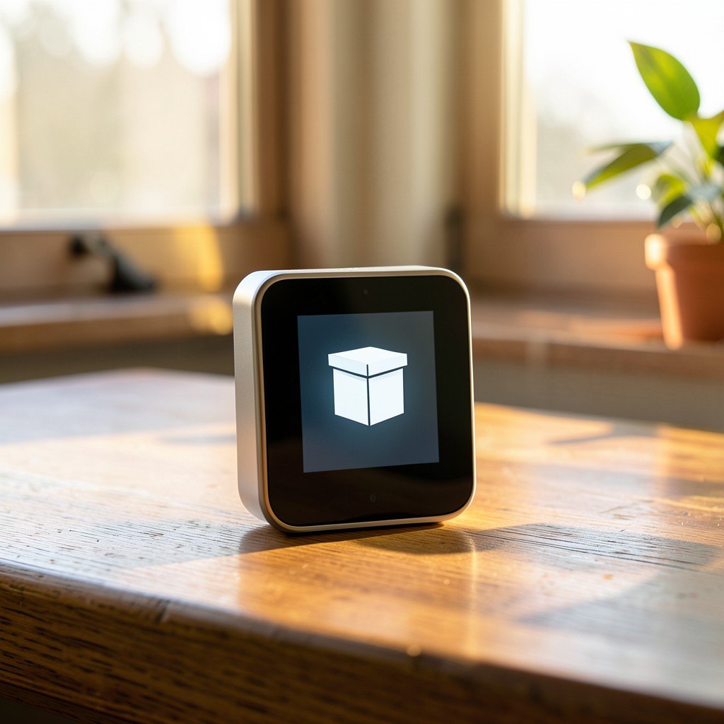 A sleek modern smart home device showing a fast delivery box icon on its screen, placed on a wooden desk near a window with warm sunlight, lifestyle photography, NO KOREAN Text, 1:1