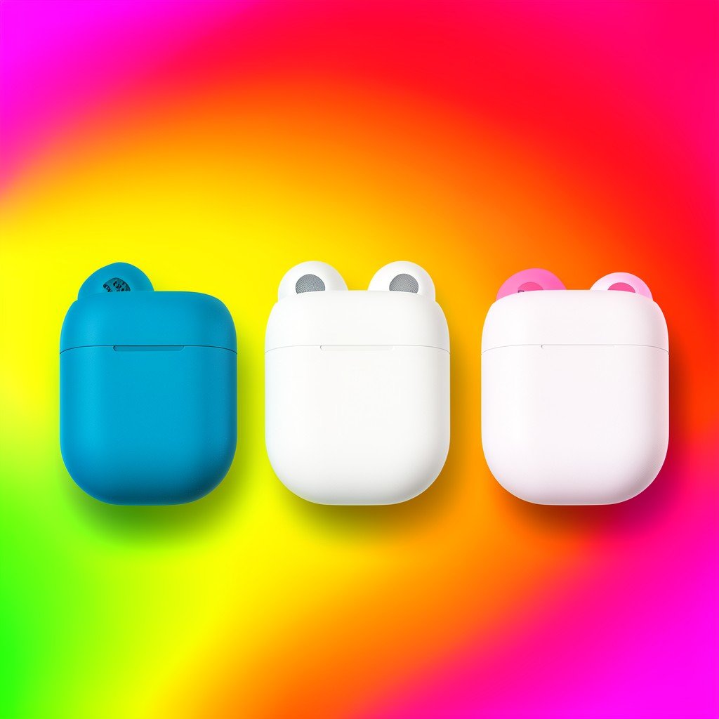 Three different modern wireless earbuds cases lined up neatly on a bright colorful gradient background, clean modern infographic layout, high contrast, NO KOREAN Text, 1:1