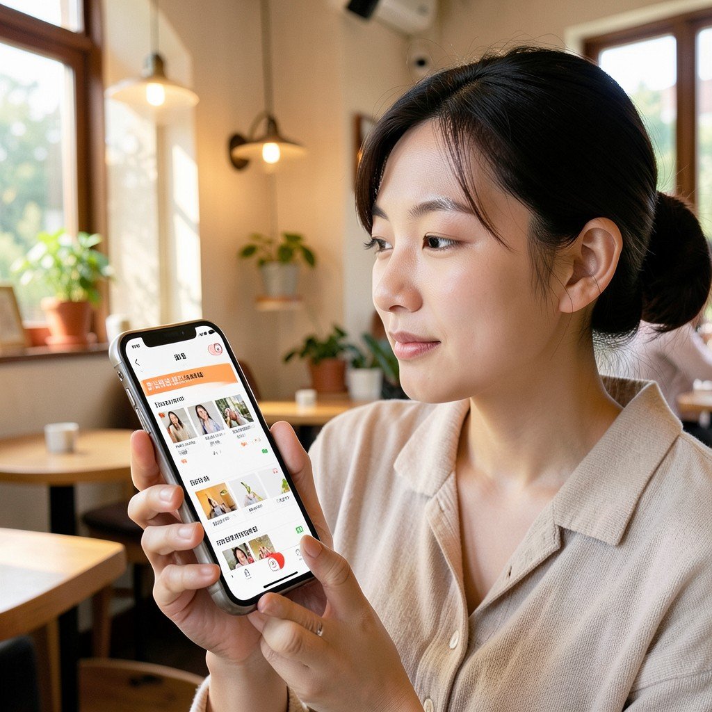 A person holding a smartphone looking at a shopping app with a thoughtful expression, cozy indoor cafe setting, natural lighting, lifestyle photography, Korean appearance, NO KOREAN Text, 1:1