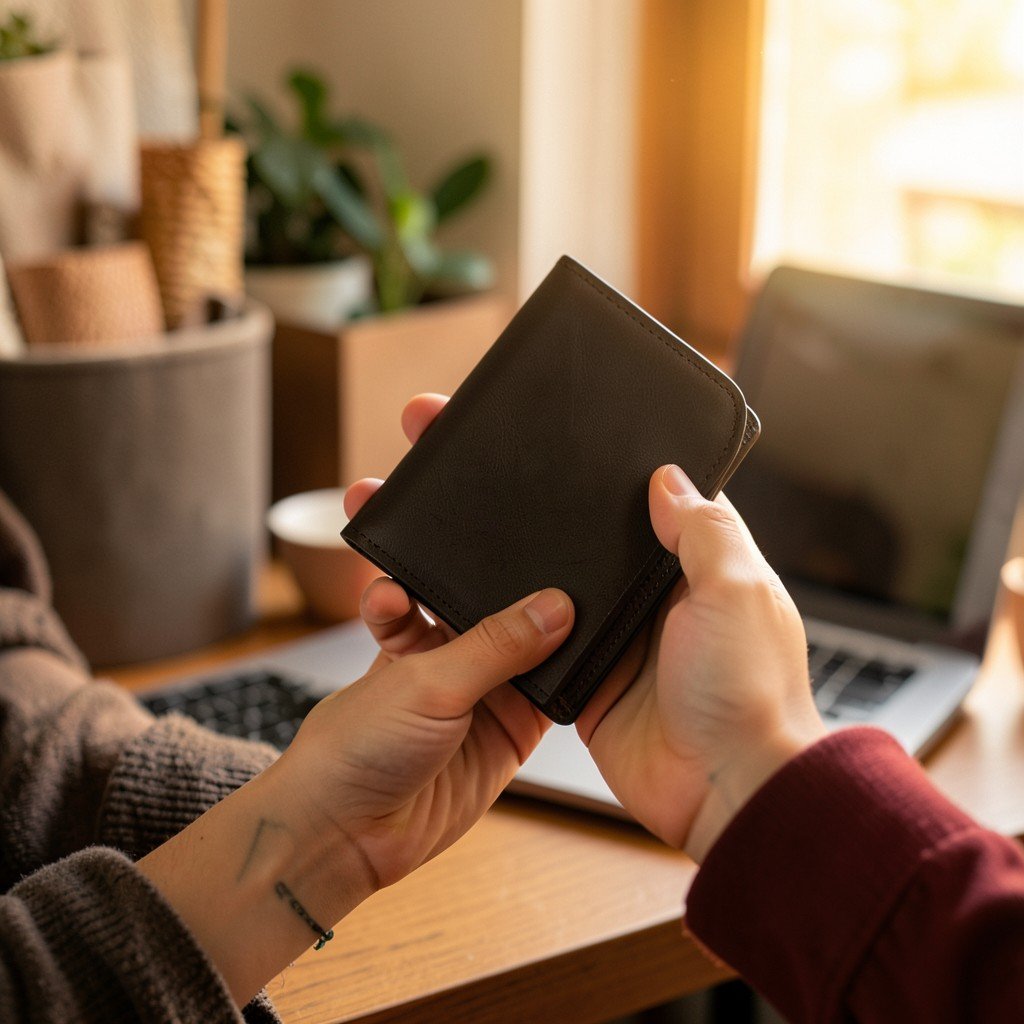 A lifestyle photography of a person hands holding a slim wallet with a relaxed expression, warm lighting, natural setting, cozy desk background with a laptop. No visible text. Aspect ratio 4:3