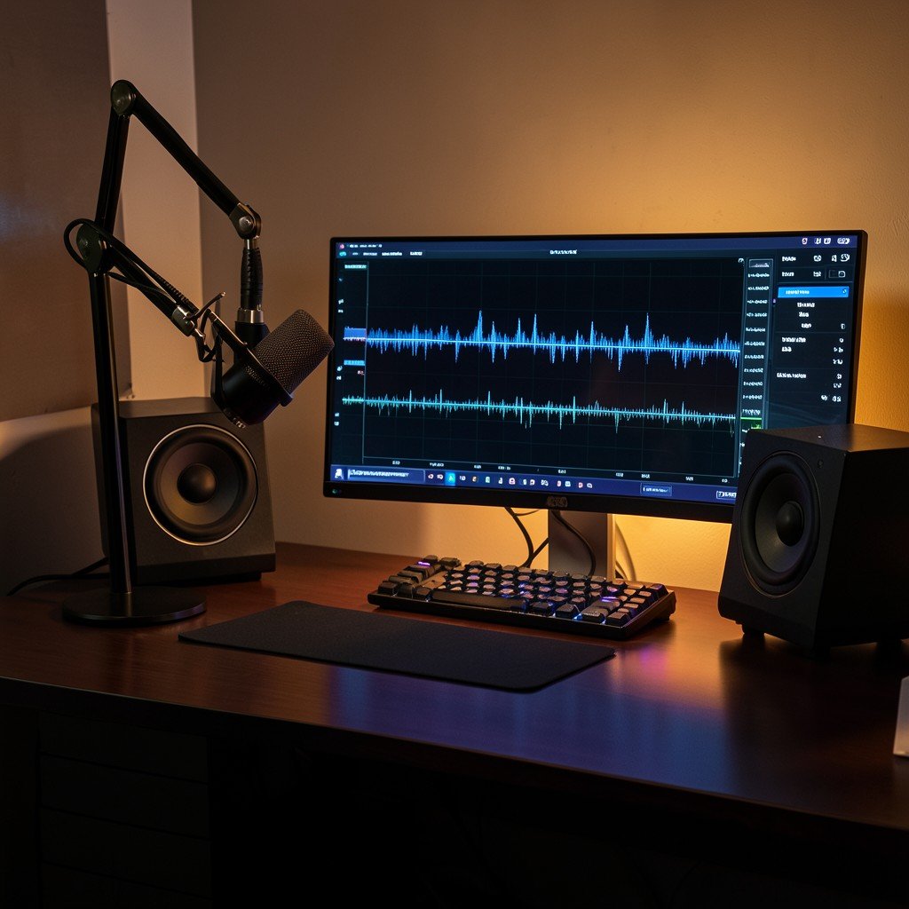A sleek modern recording studio desk setup with a microphone, speakers and a glowing computer monitor showing an abstract audio waveform interface. No visible text, warm ambient lighting, professional setting. Aspect ratio 1:1