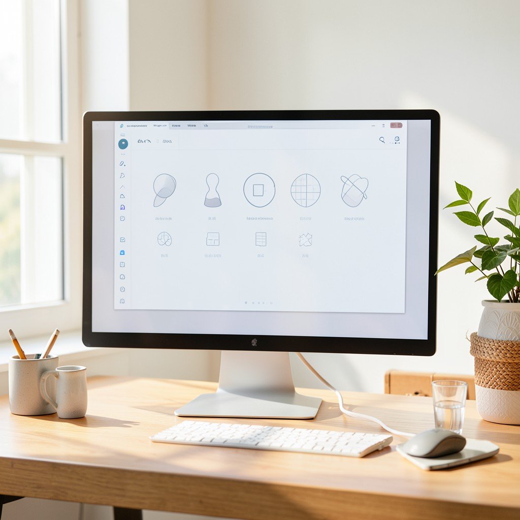 A clean workspace with a large monitor displaying a minimalist unified software interface with abstract icons. No visible text, bright natural daylight, wooden desk surface, cozy and organized environment. Aspect ratio 4:3