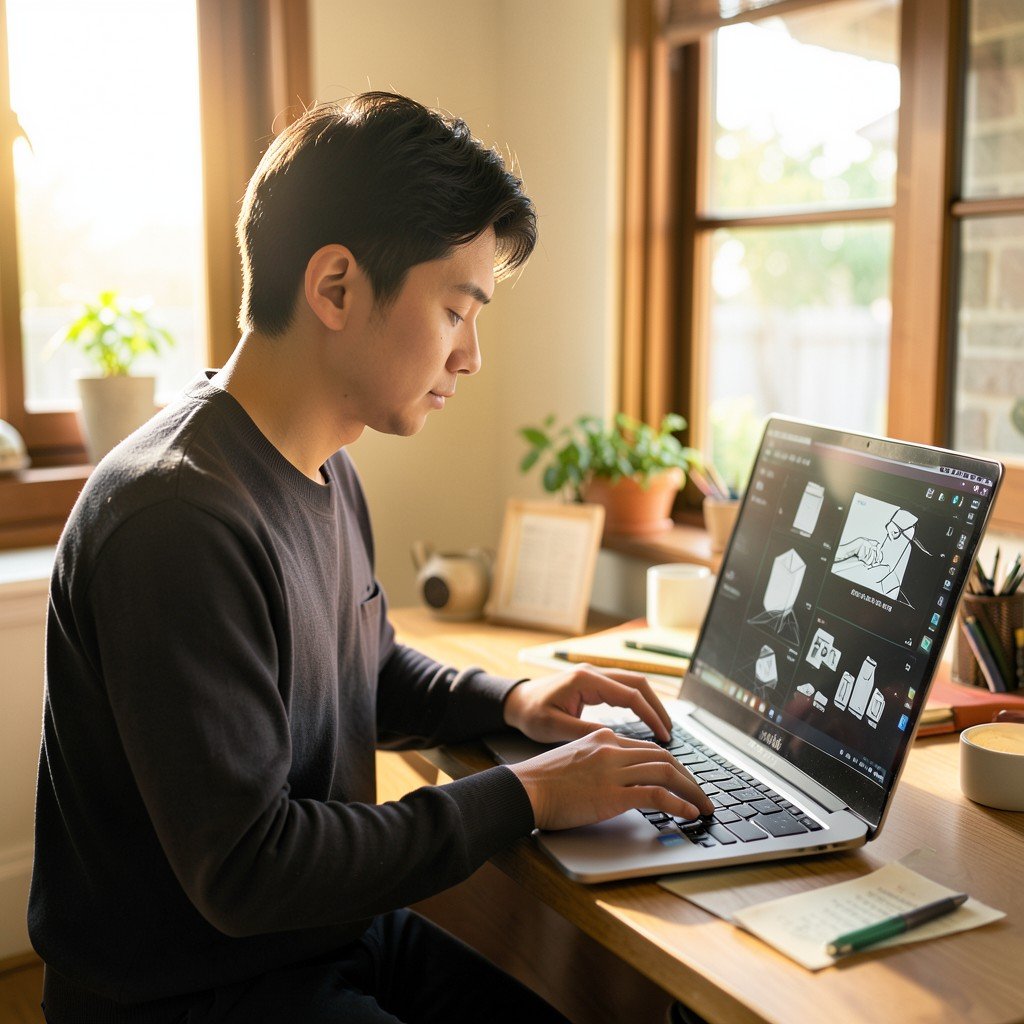A young Korean creative professional typing on a laptop in a warm naturally lit studio reviewing digital designs on screen NO KOREAN Text 4:3
