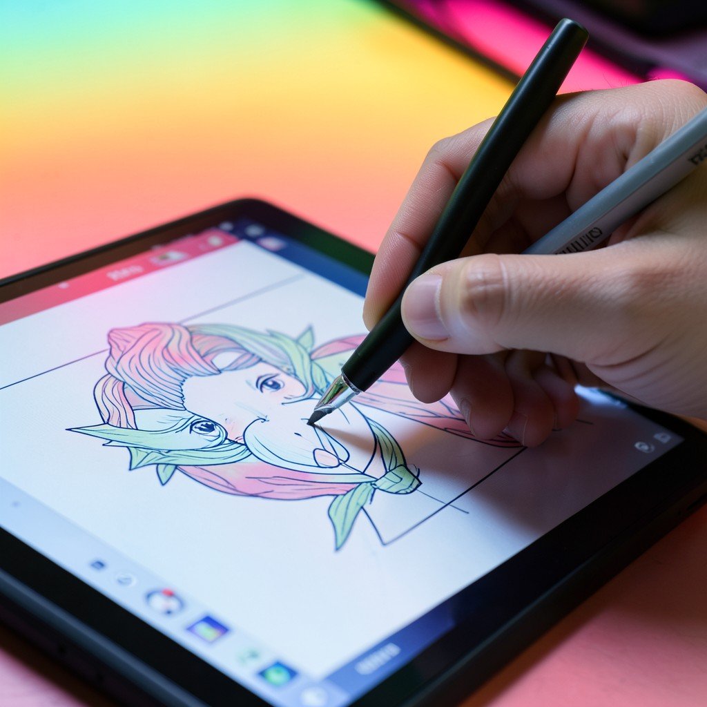 A close up shot of a hand using a stylus on a drawing tablet fine tuning a digital artwork on a colorful gradient background NO KOREAN Text 4:3
