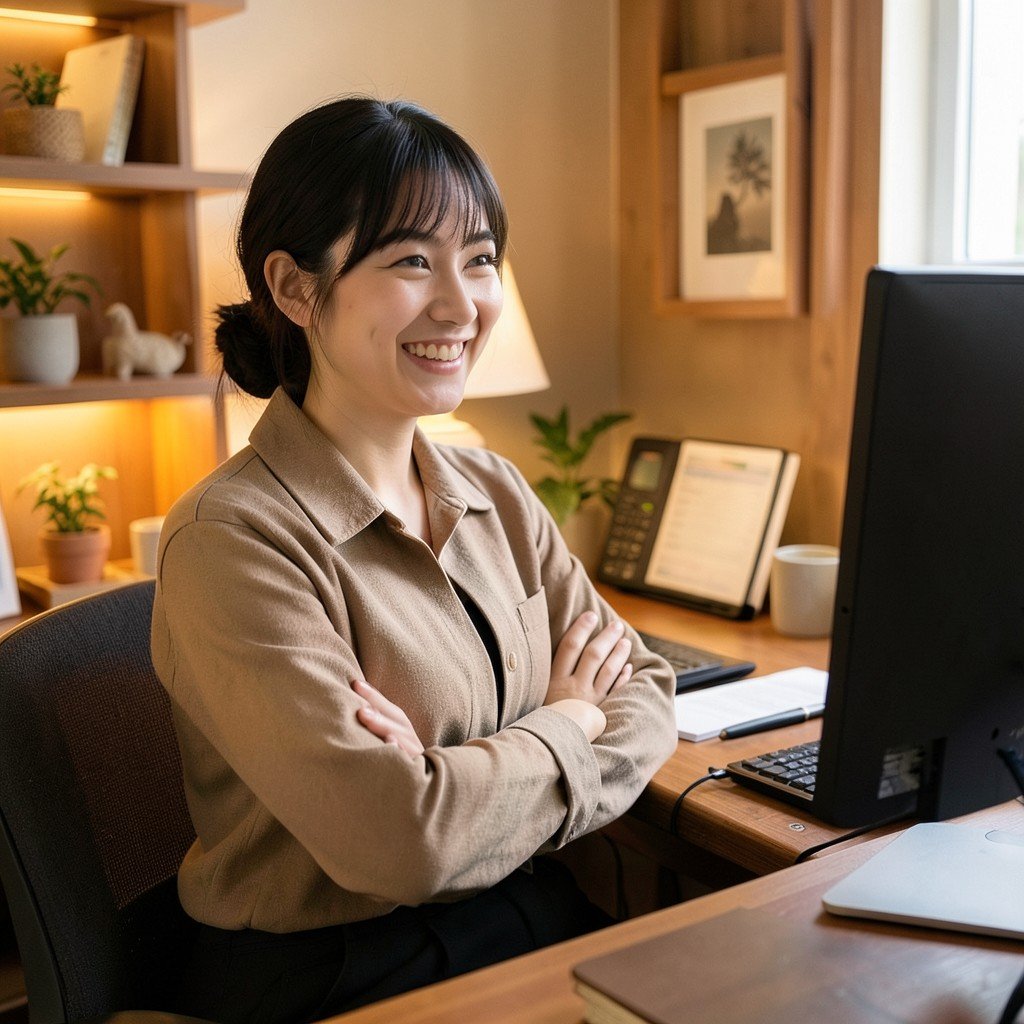 A Korean designer smiling with arms crossed sitting in front of a computer in a cozy warm home office setting NO KOREAN Text 1:1
