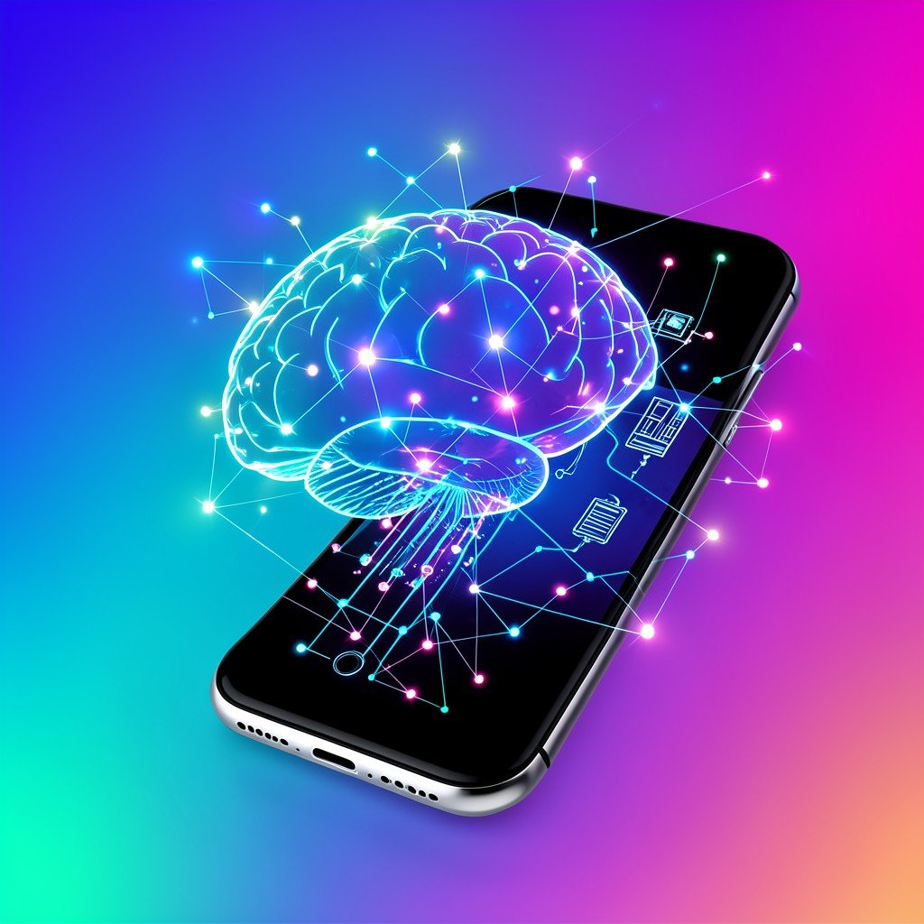 Abstract digital brain connected to smartphone components, clean infographic style, modern layout, high contrast, glowing network nodes, colored gradient background, no text, no charts, aspect ratio 4:3