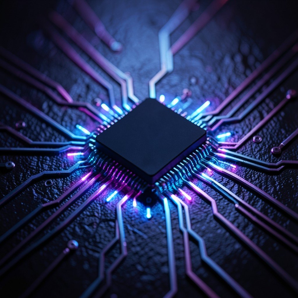 Silhouette of advanced semiconductor chip on a circuit board, glowing blue and purple lights, modern technology aesthetic, close up photography, textured background, no visible text, aspect ratio 1:1