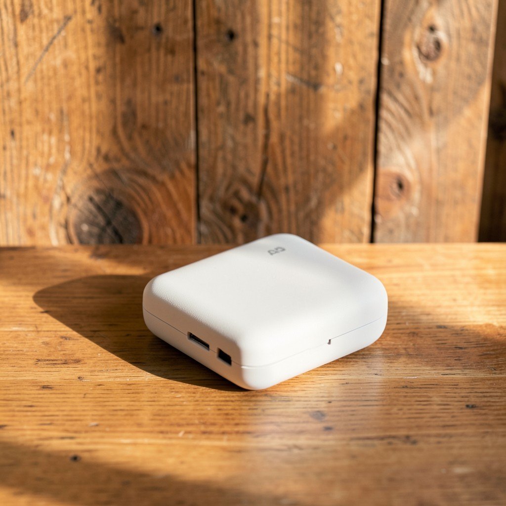 A neat desk setup replacing messy cables with a single 3-in-1 multi charger battery, lifestyle photography, warm natural lighting, textured wooden background, no text, aspect ratio 1:1
