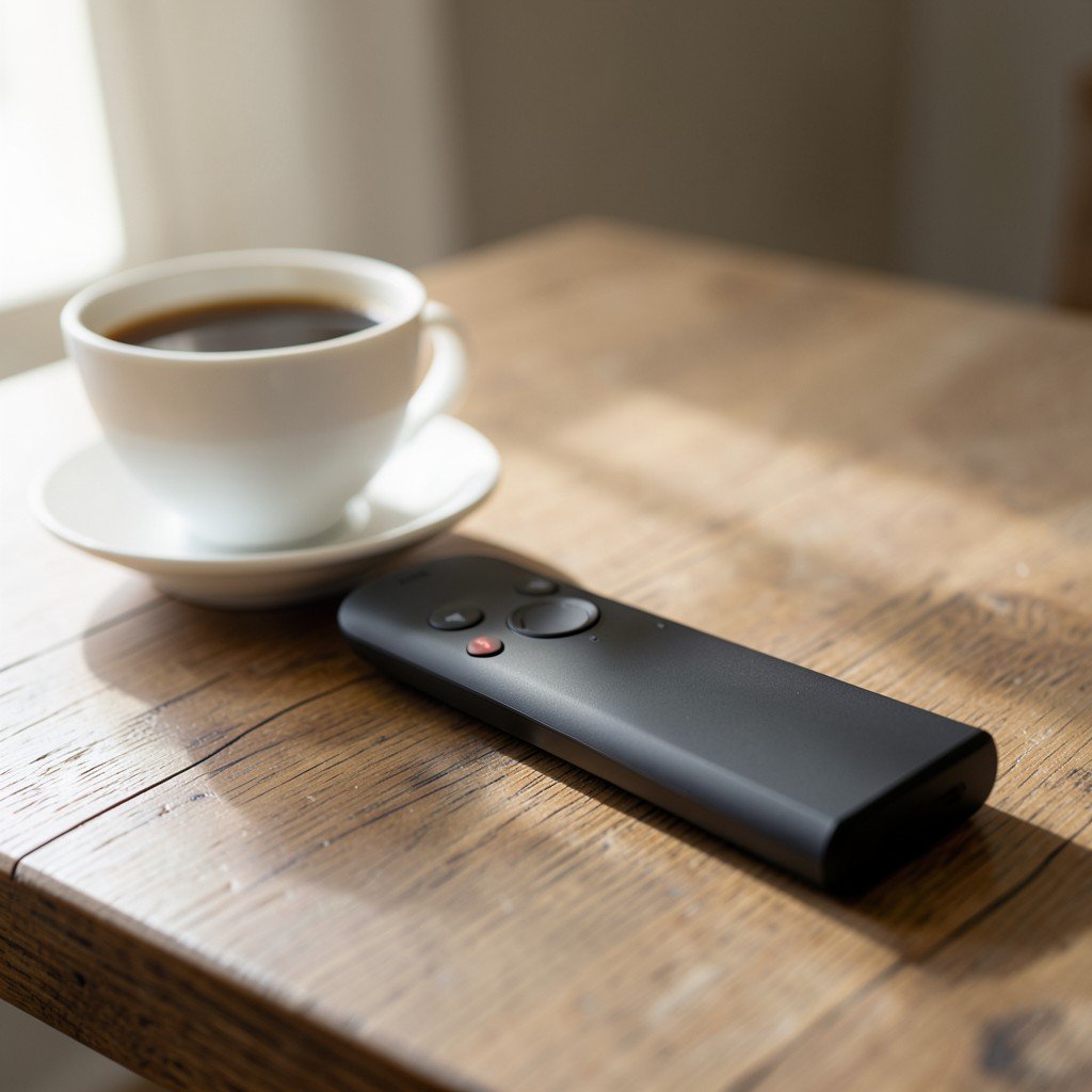 A sleek modern Apple TV remote resting on a wooden table next to a cup of coffee, soft morning light, minimalist aesthetic, cozy atmosphere, realistic photography, aspect ratio 1:1