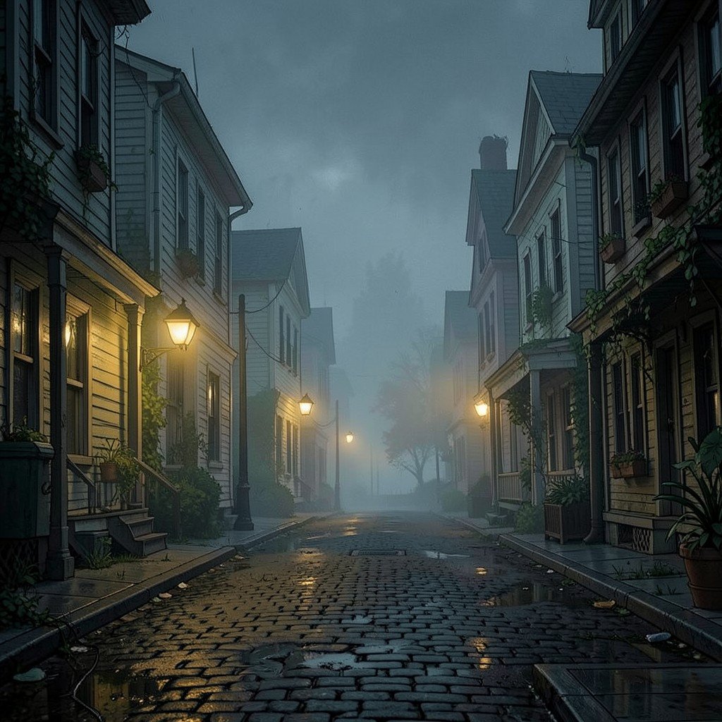 A mysterious foggy small New England town street with vintage houses and dim streetlights, eerie but slightly comedic atmosphere, cinematic lighting, detailed illustration style, aspect ratio 4:3