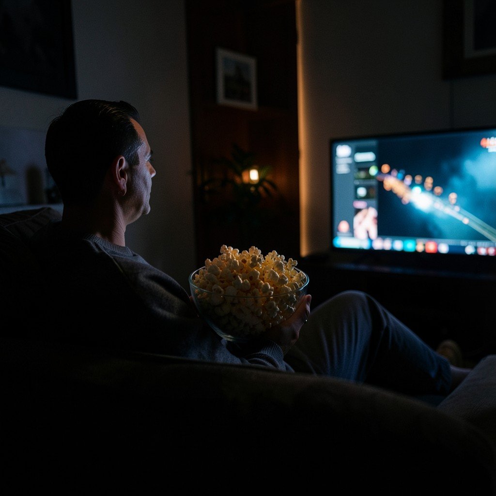 A person sitting comfortably on a couch in a dark room illuminated by the glow of a TV screen, holding a bowl of popcorn, relaxed night atmosphere, cinematic photography, aspect ratio 4:3
