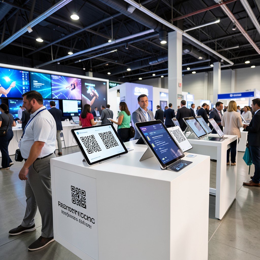 A modern corporate recruitment booth at a tech conference with iPads on stands for QR code scanning, clean design, busy environment, no text, 4:3