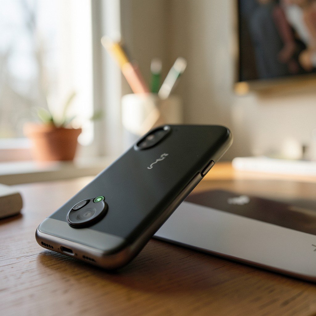 Close up shot of a sleek magnetic voice input device snapped onto the back of a smartphone in a cozy home office setup, lifestyle photography, soft natural light, 4:3
