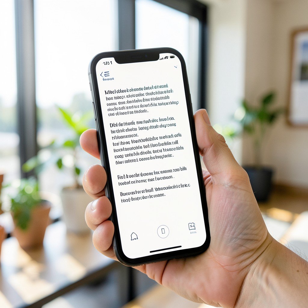 A hand holding a smartphone showing a translated text interface, lifestyle photography, bright lighting, modern indoor setting, 4:3