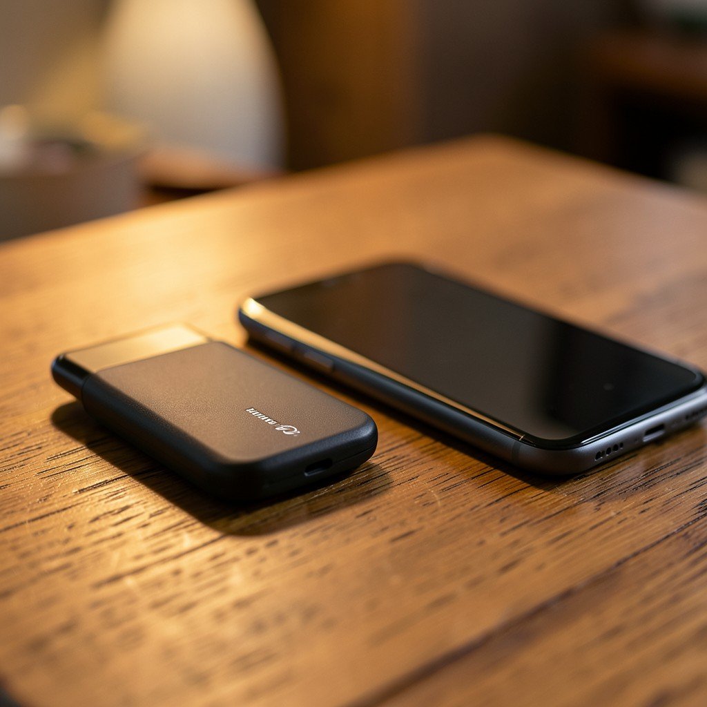 A sleek dictation accessory placed next to a smartphone on a wooden desk, lifestyle photography, warm ambient light, shallow depth of field, 1:1