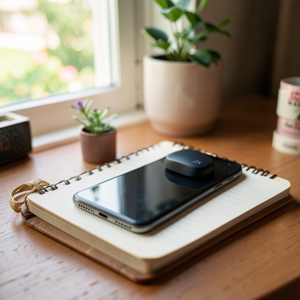 A neat desk setup with a smartphone and a voice typing accessory resting on a notebook, lifestyle photography, cozy natural window light, 4:3