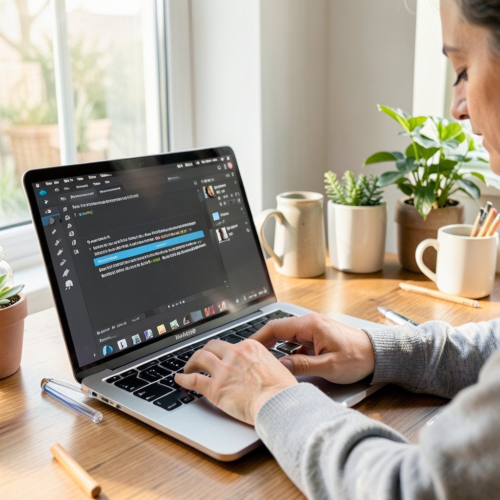 Person typing descriptive text into a search bar in a photo editing software interface on a laptop screen natural light cozy desk setup modern office 1:1
