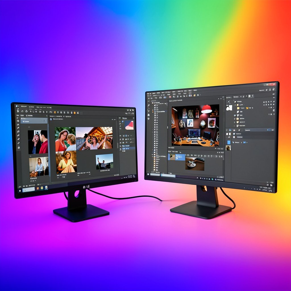Dual monitor setup displaying photo editing software and design tools seamless workflow illustration vibrant gradient background professional digital artist workspace 4:3