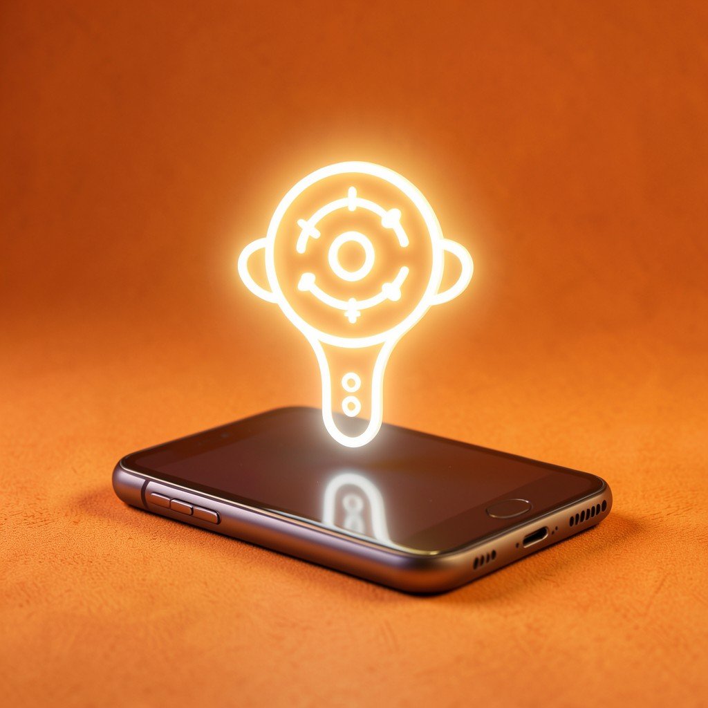 A conceptual 3d illustration of a glowing artificial intelligence assistant icon hovering over a smartphone on a warm orange textured background 1:1