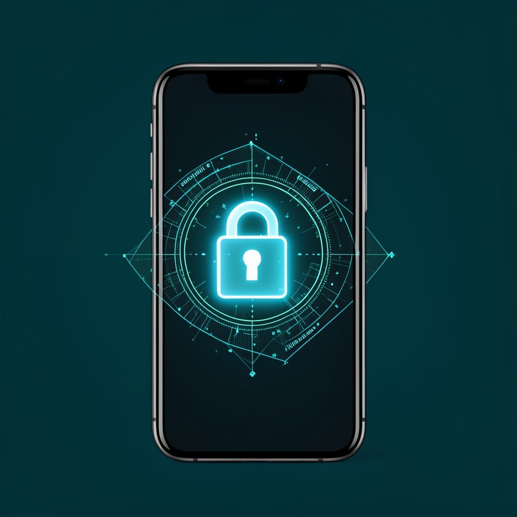 A modern smartphone displaying a glowing security lock icon surrounded by digital protection layers on a dark teal background 4:3
