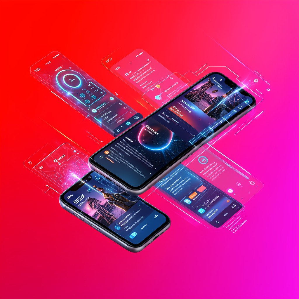 Dynamic visual of futuristic smartphone interfaces evolving over a vibrant gradient red and pink background 1:1