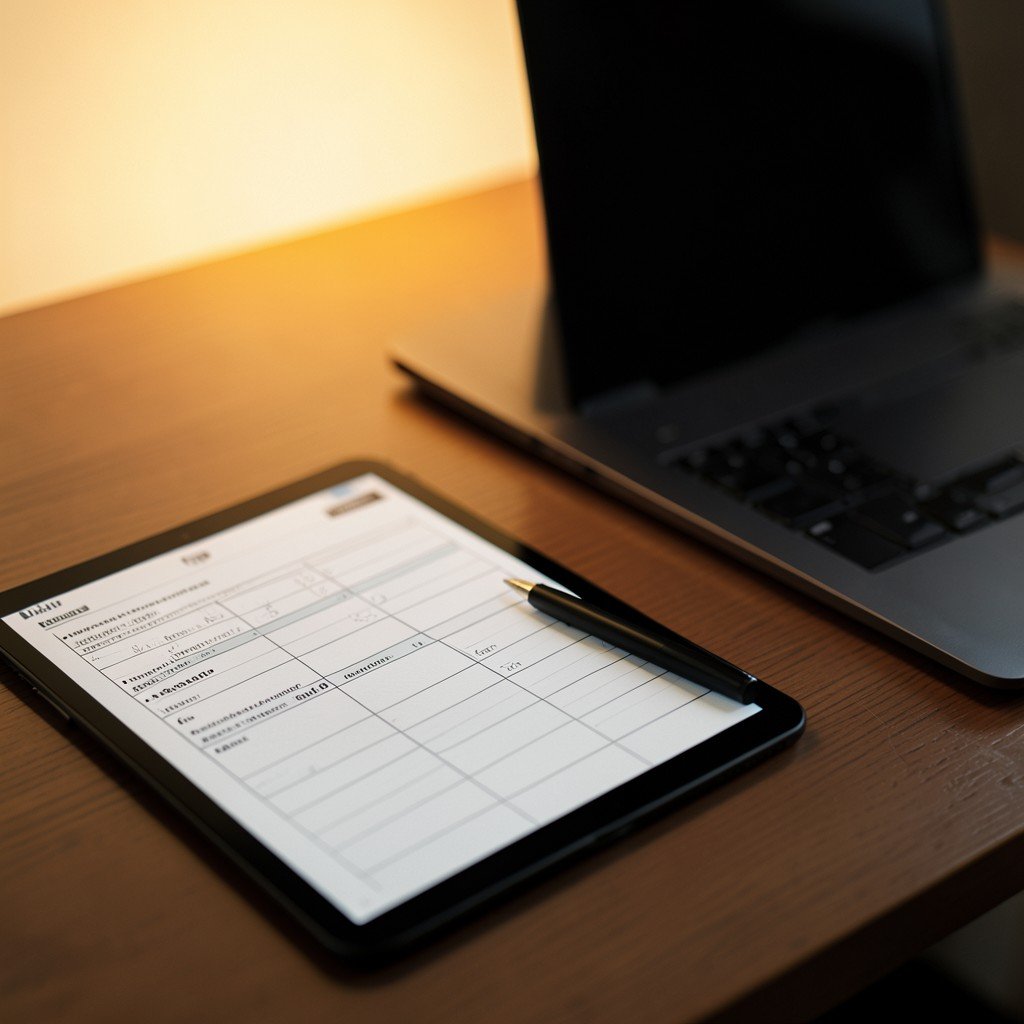 A neatly organized desk with a checklist on a tablet, a pen, and a sleek laptop in the background, warm lighting, focused and productive atmosphere, no people, no visible text, lifestyle photography, 4:3