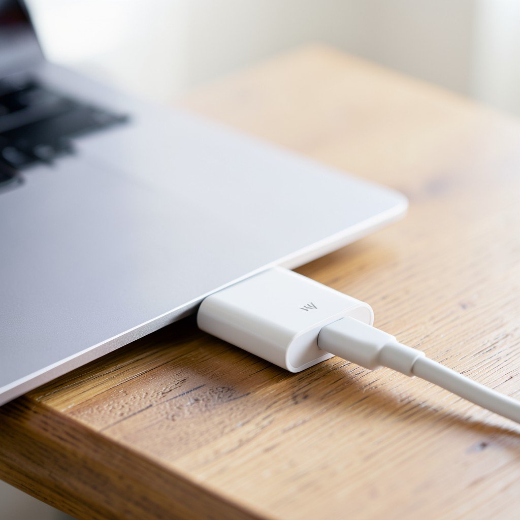 A sleek 40W USB-C power adapter charging a modern laptop on a wooden desk soft daylight no korean text 1:1