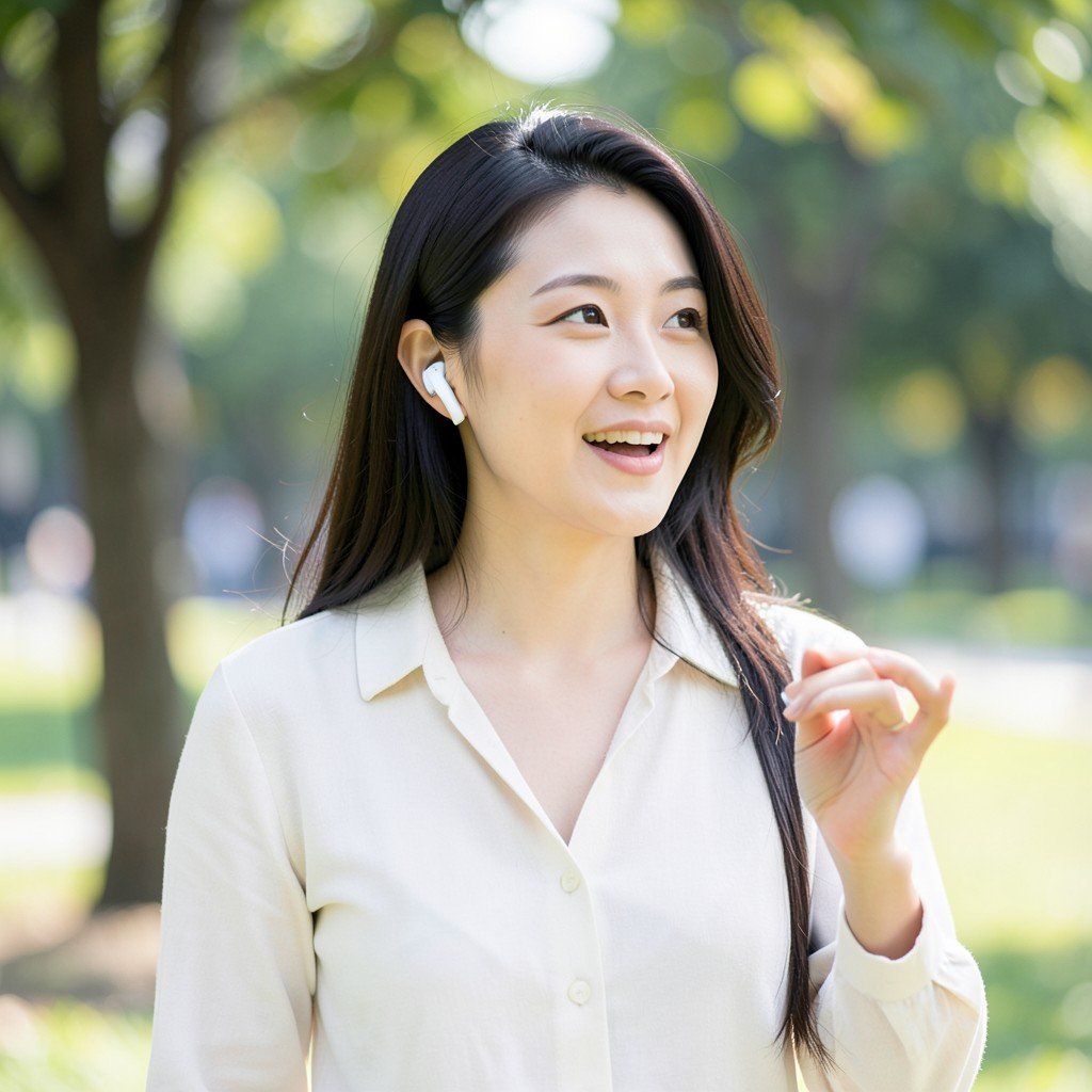 Korean woman walking outdoors wearing white wireless earbuds, talking naturally as if speaking to a voice assistant, soft daylight, city park background blurred, lifestyle photography, no text, 4:3