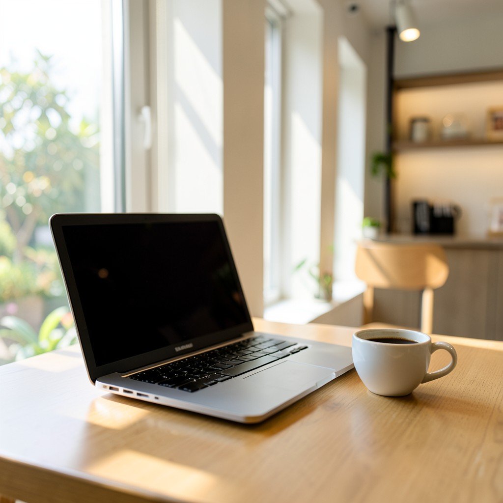 A bright modern cafe interior with a laptop on a table, coffee cup beside it, soft sunlight streaming through the window, cozy and aesthetic atmosphere, no people, no visible text, lifestyle photography, 4:3