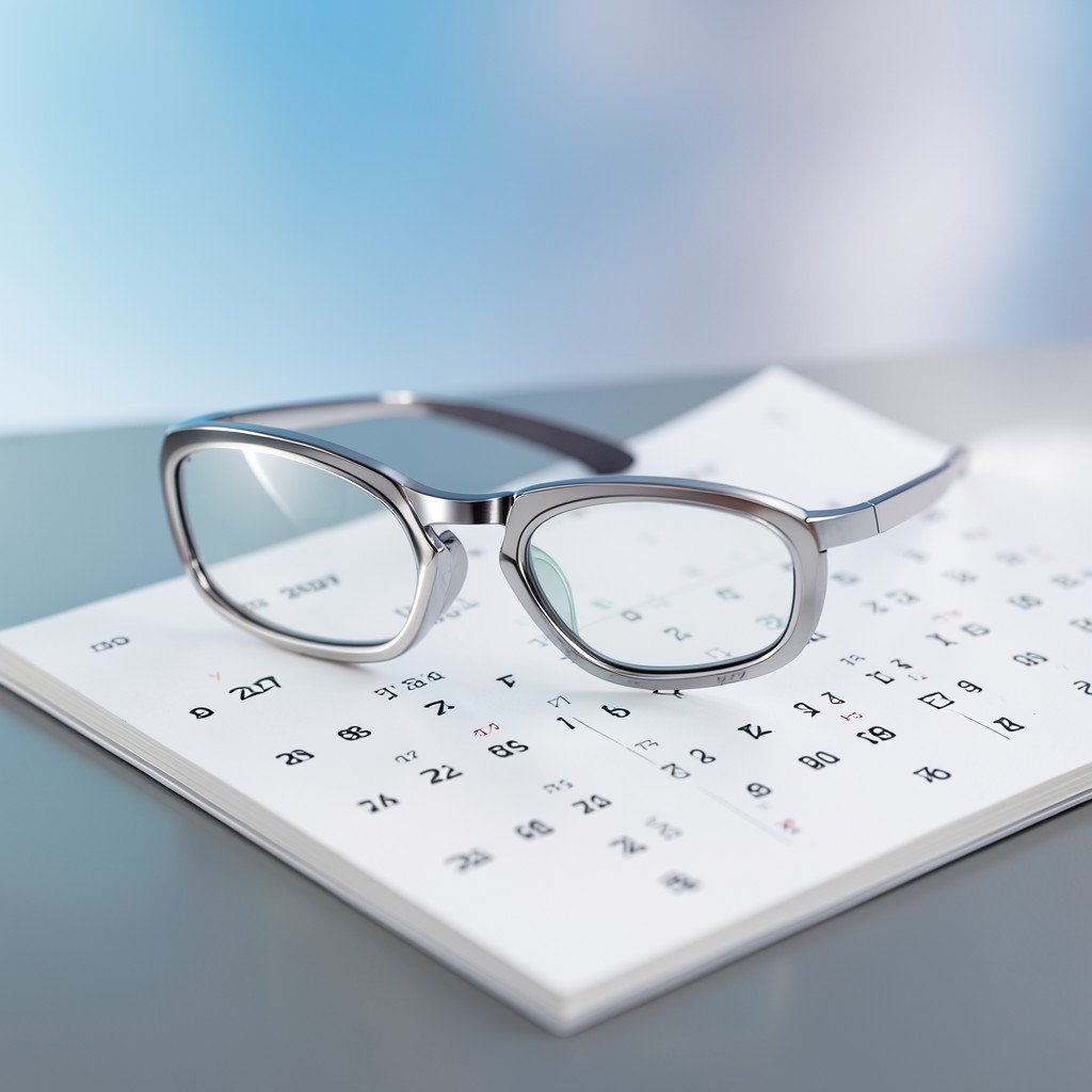 Futuristic smart glasses resting on a calendar page showing year 2027, soft gradient background with blue and silver tones, clean modern composition, no text on glasses, 4:3
